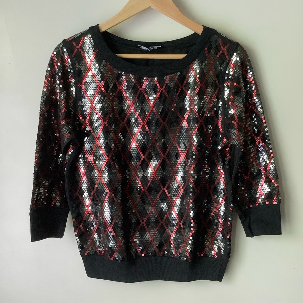 Express Womens Multicolor Argyle Pattern Shimmery Sequined Crewneck Top Sz Small